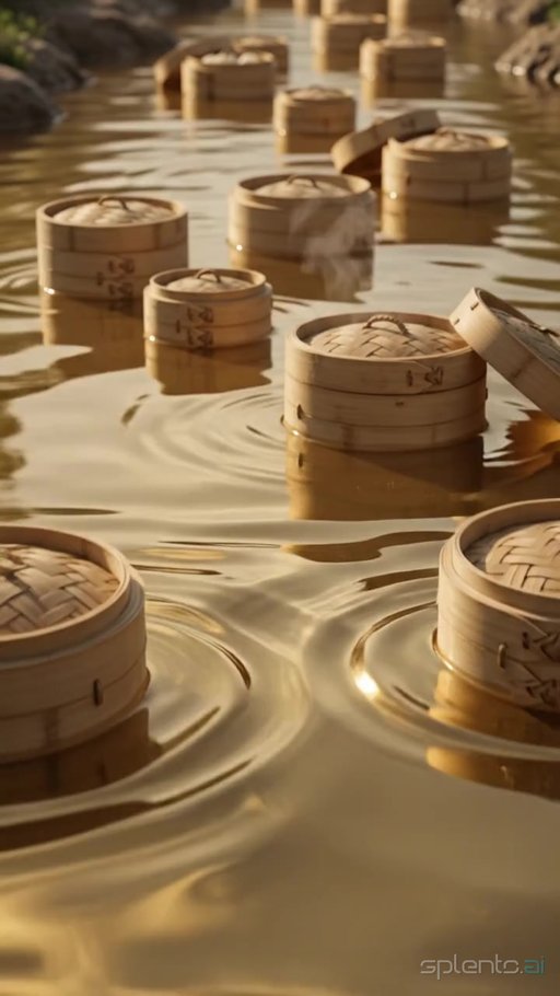 Calm Bamboo Steamers on Water — restaurant video