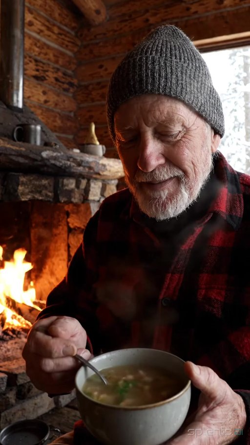Elderly Man Soup by Fireplace