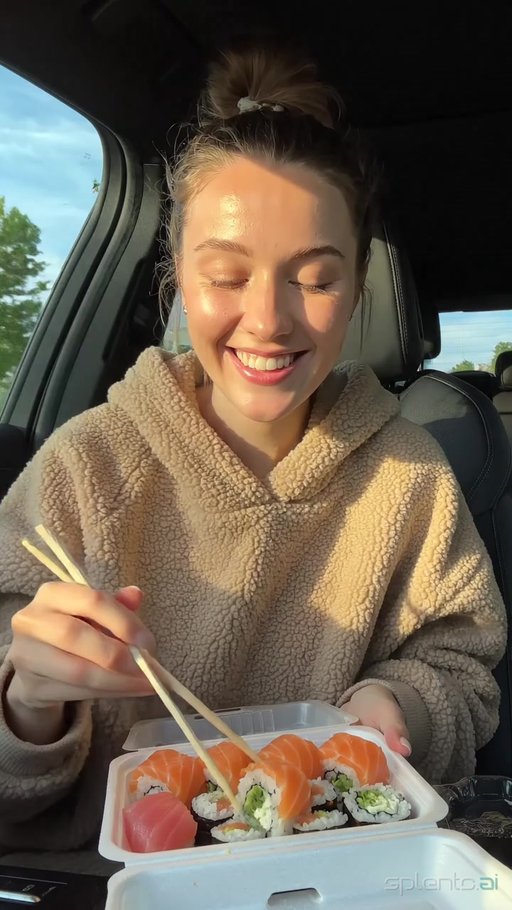 Woman Eating Sushi in Car — restaurant video