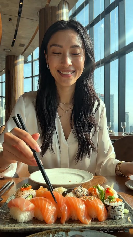 Woman Savoring Salmon Nigiri — restaurant video