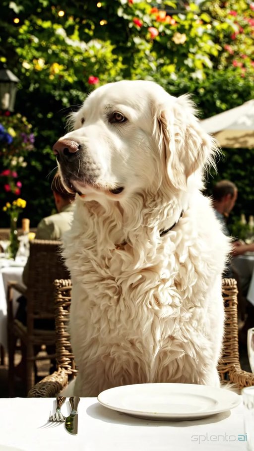 Attentive Great Pyrenees at Steak Dinner