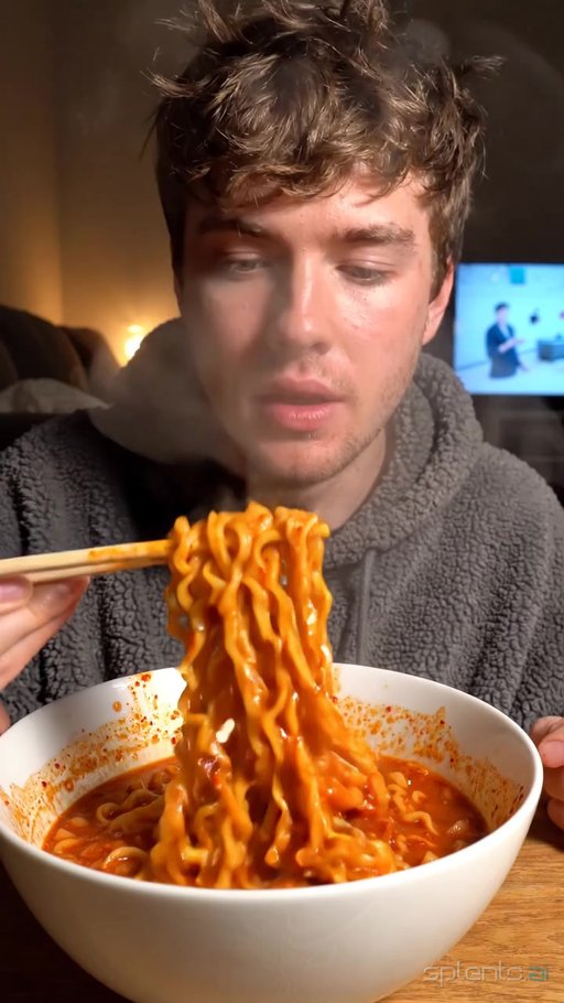 Young Man Eating Spicy Ramen